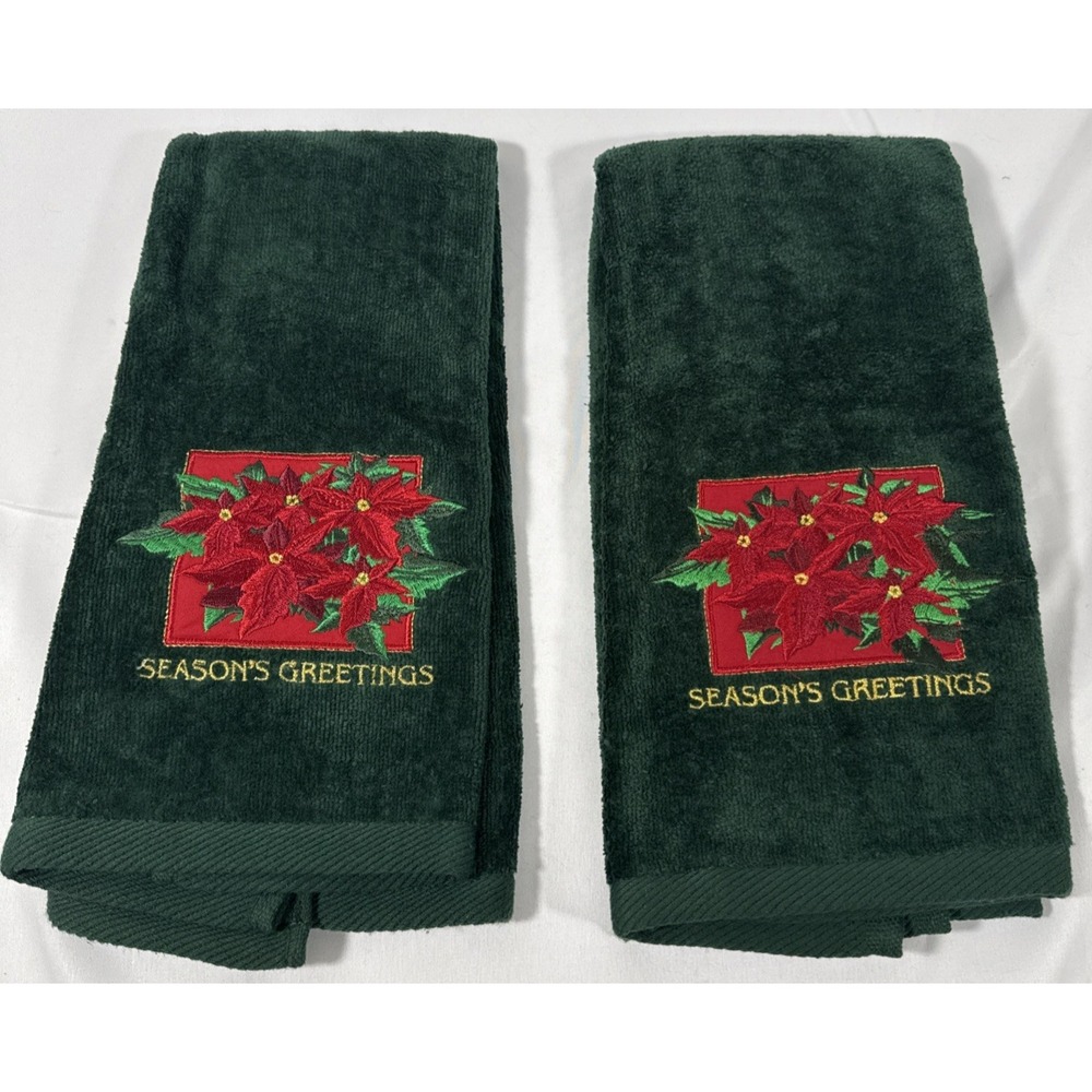 Hand Towels Unisex 25x15.25 Green Poinsettia Season's Greetings Set 2